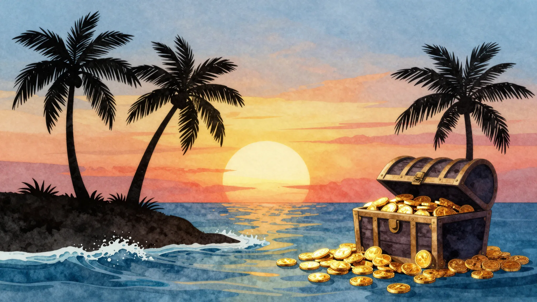 Watercolor style. Tropical island silhouette at sunset, palm...