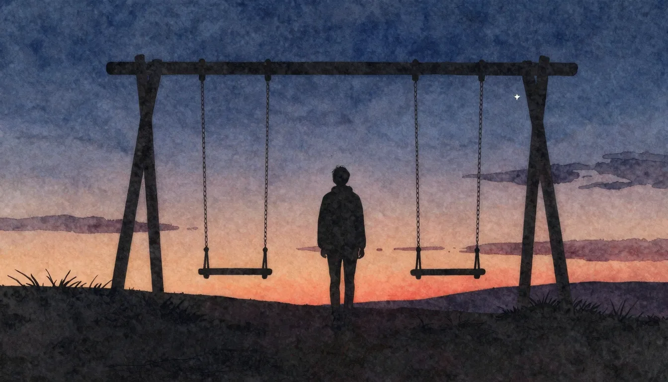 Watercolor style. A lone silhouette stands on a hill at suns...