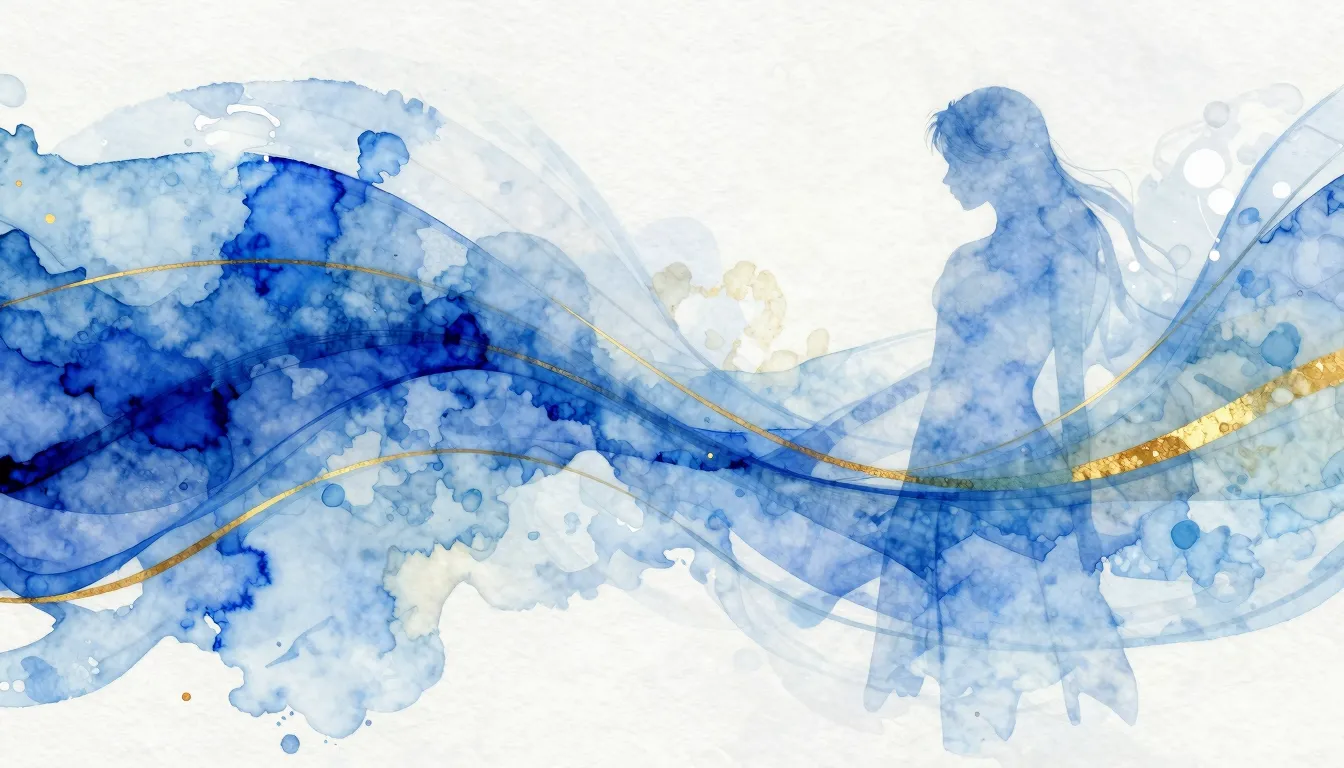 Vibrant watercolor style. "Abstract, vibrant blue and white,...