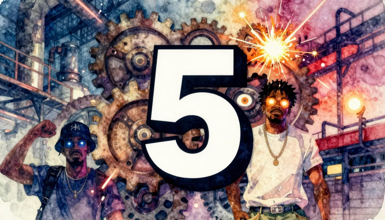Vibrant watercolor style. Hip-hop album cover: industrial fa...