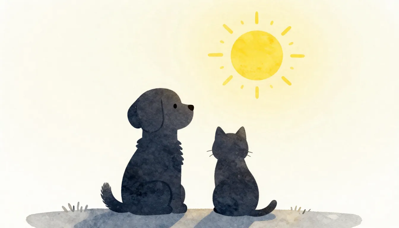 Watercolor style. A cute silhouette of a dog and a cat sitti...