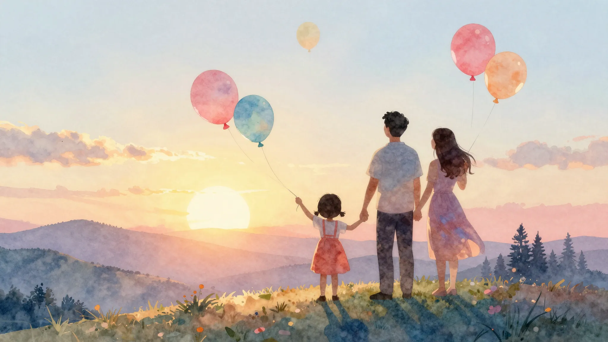 Watercolor style. A silhouette of a happy family of three, p...