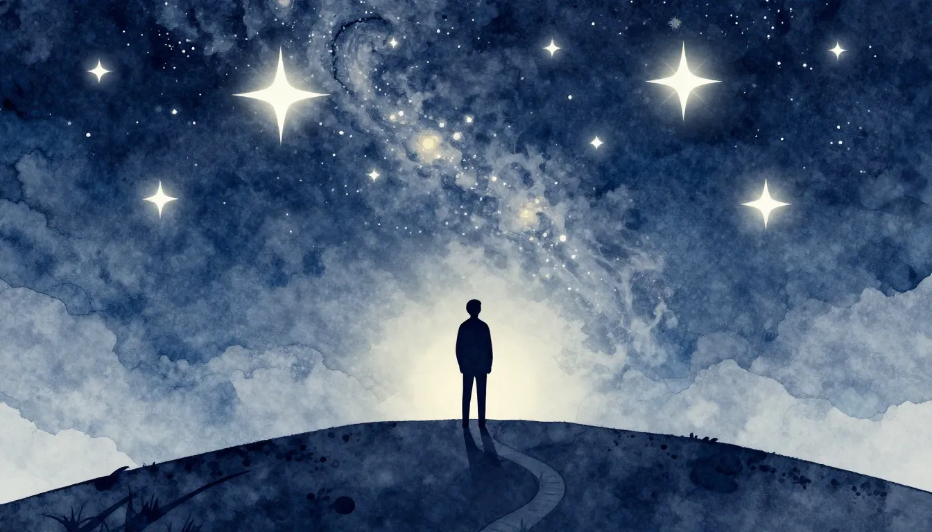 Watercolor style. A silhouette of a person standing on a hil...