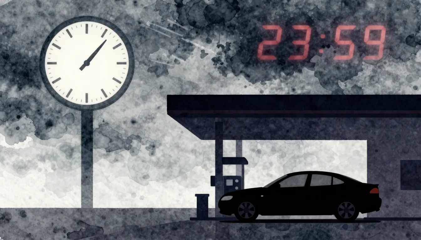 Watercolor style. Silhouette of a lone car at a dark gas sta...