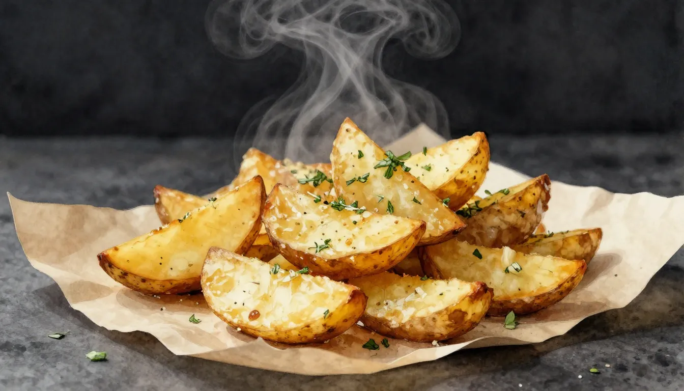 Watercolor style. Delicious potato wedges with herbs and gar...
