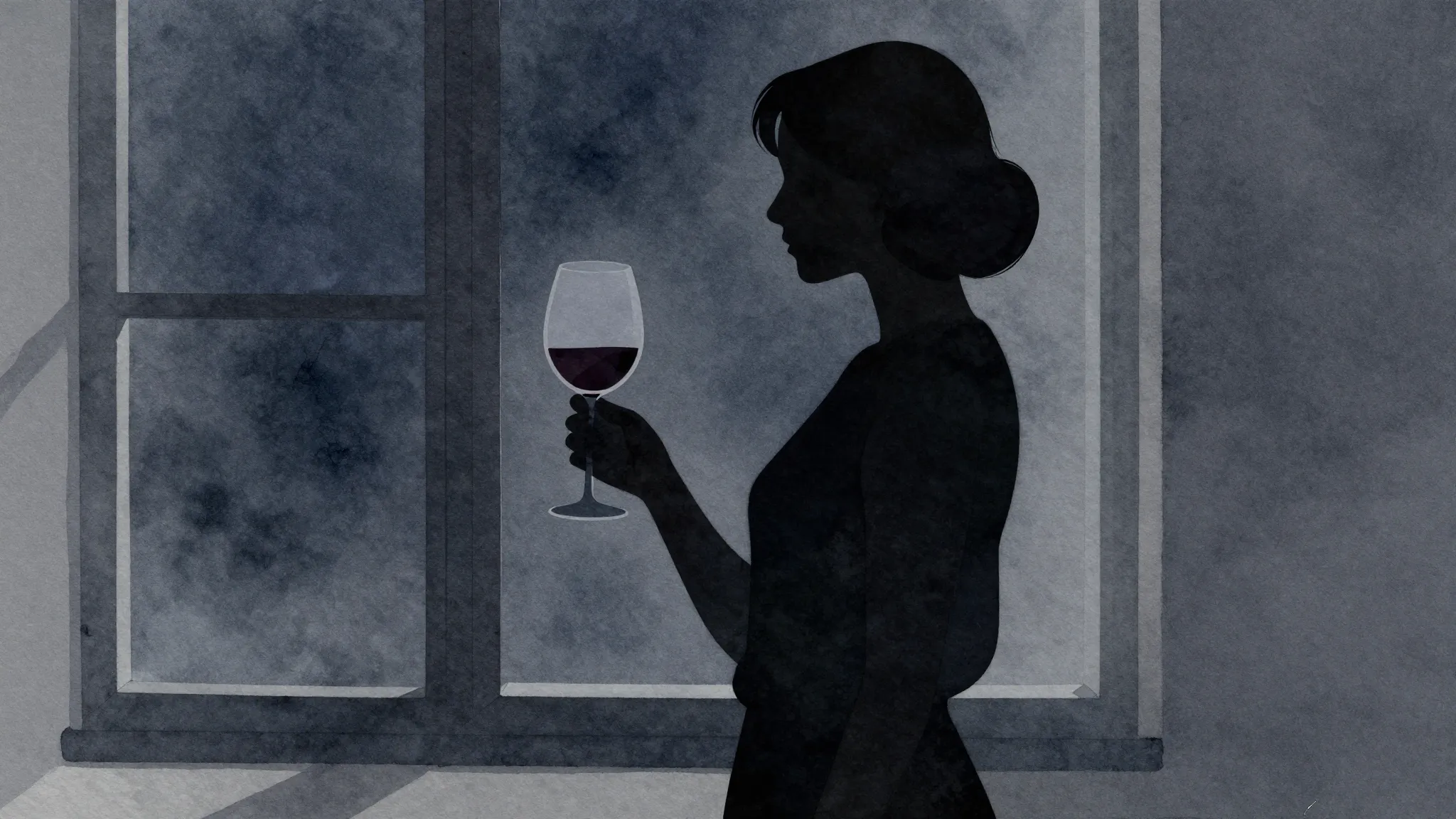 Watercolor style. A silhouette of a person holding a wine gl...
