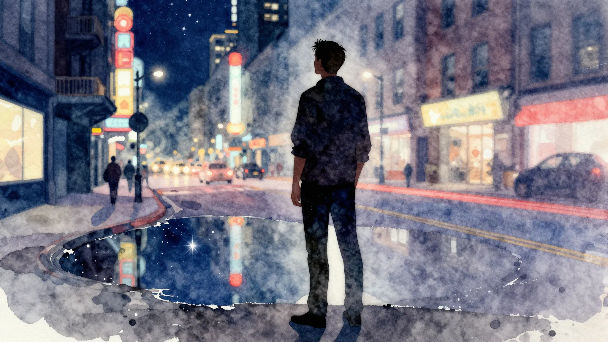 Watercolor style. A silhouette of a man stands on a neon-lit...