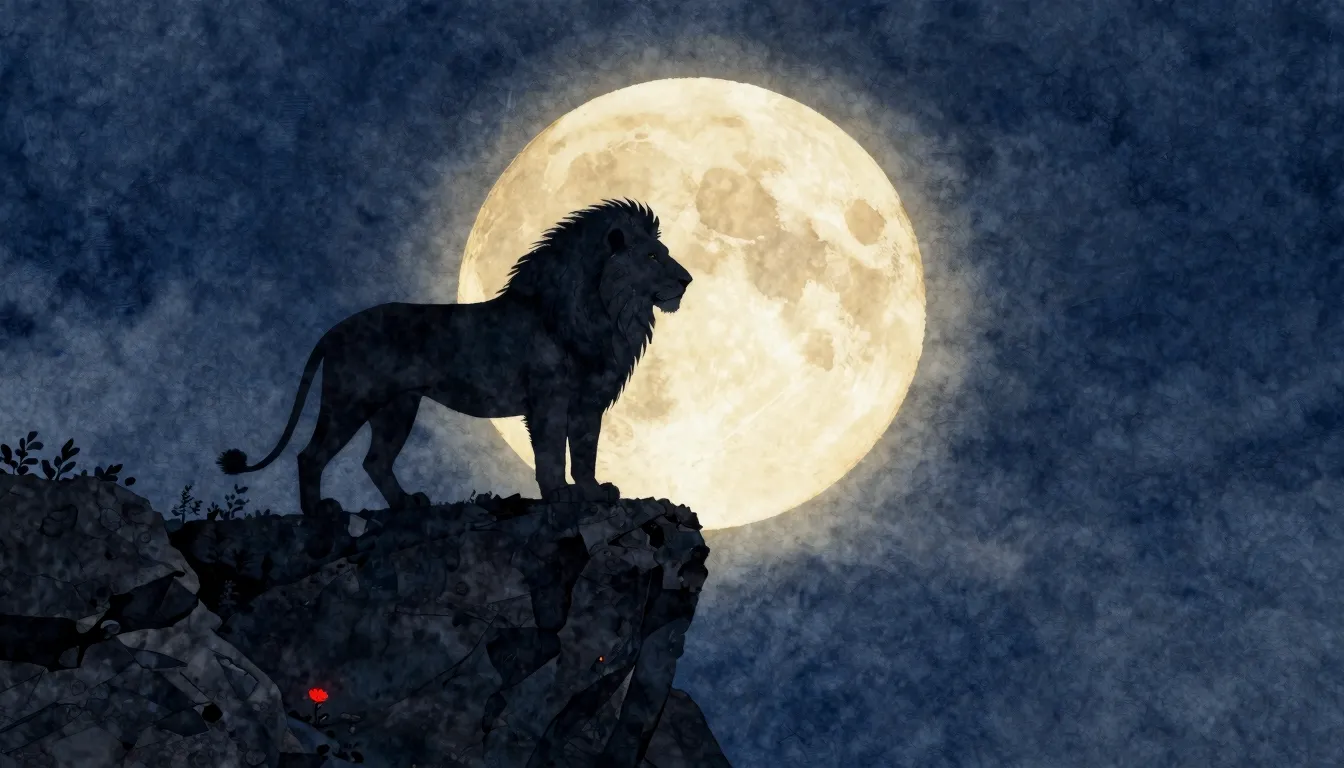 Watercolor style. A dark silhouette of a majestic lion stand...