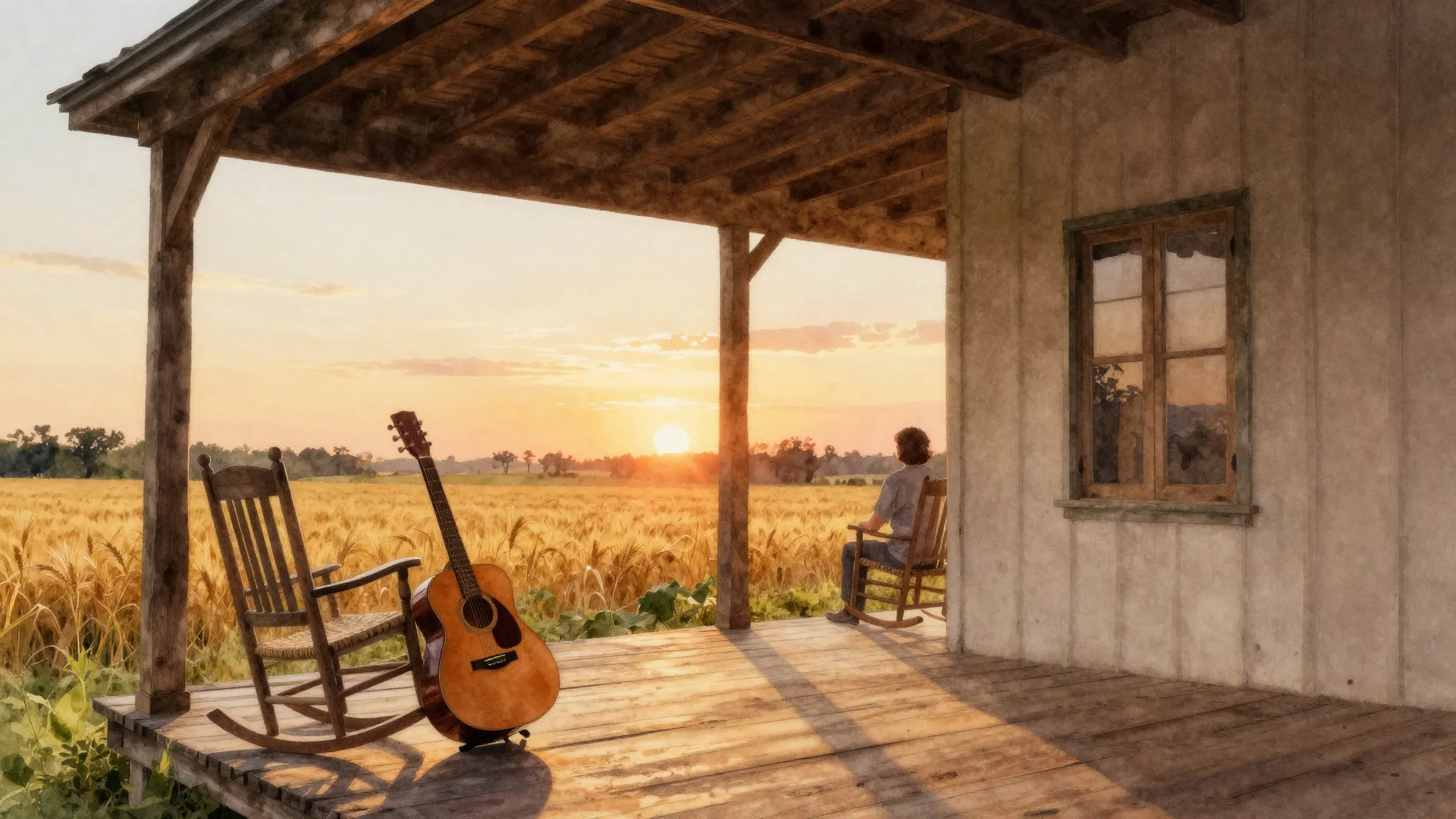 Watercolor style. A wooden porch of a country house, a lonel...