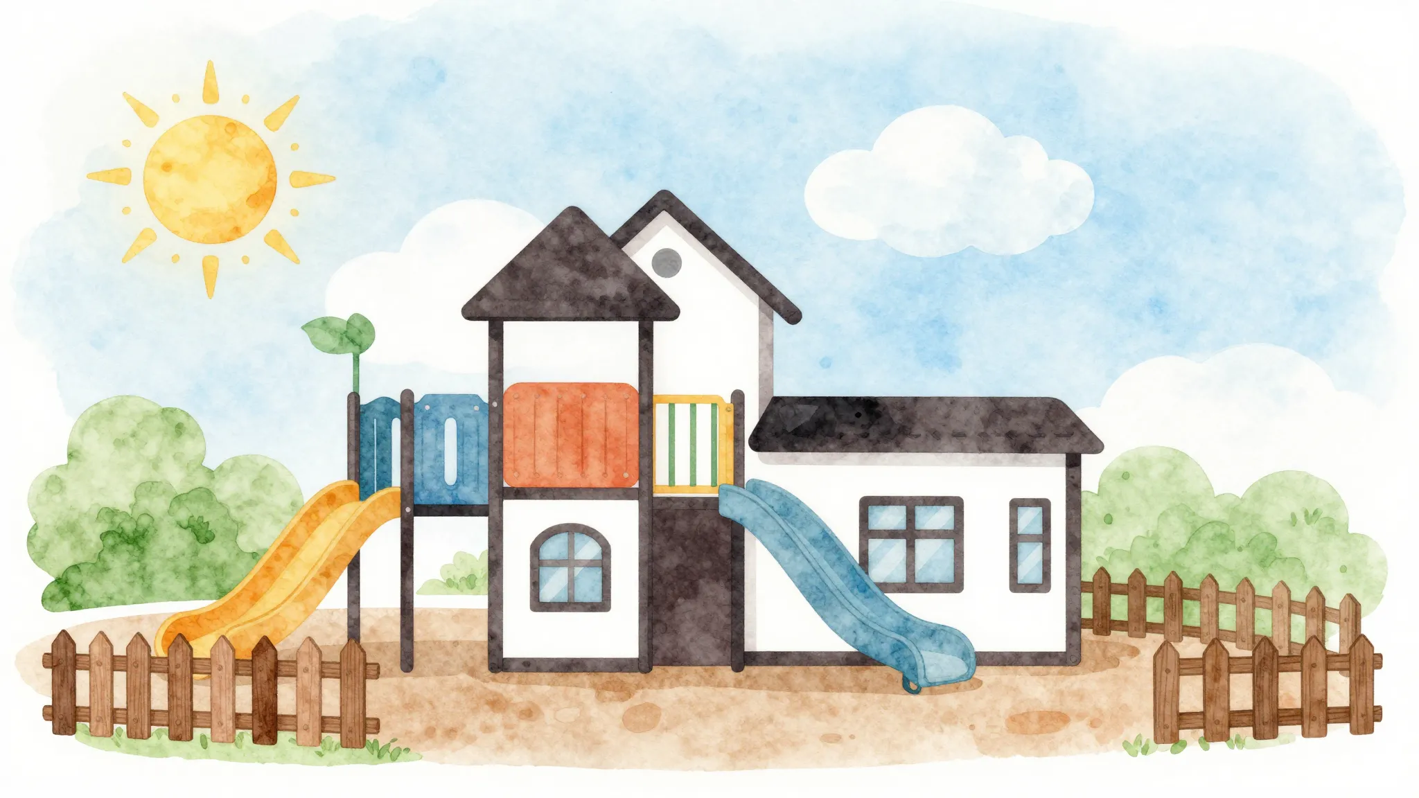 Watercolor style. Silhouette of a small kindergarten buildin...