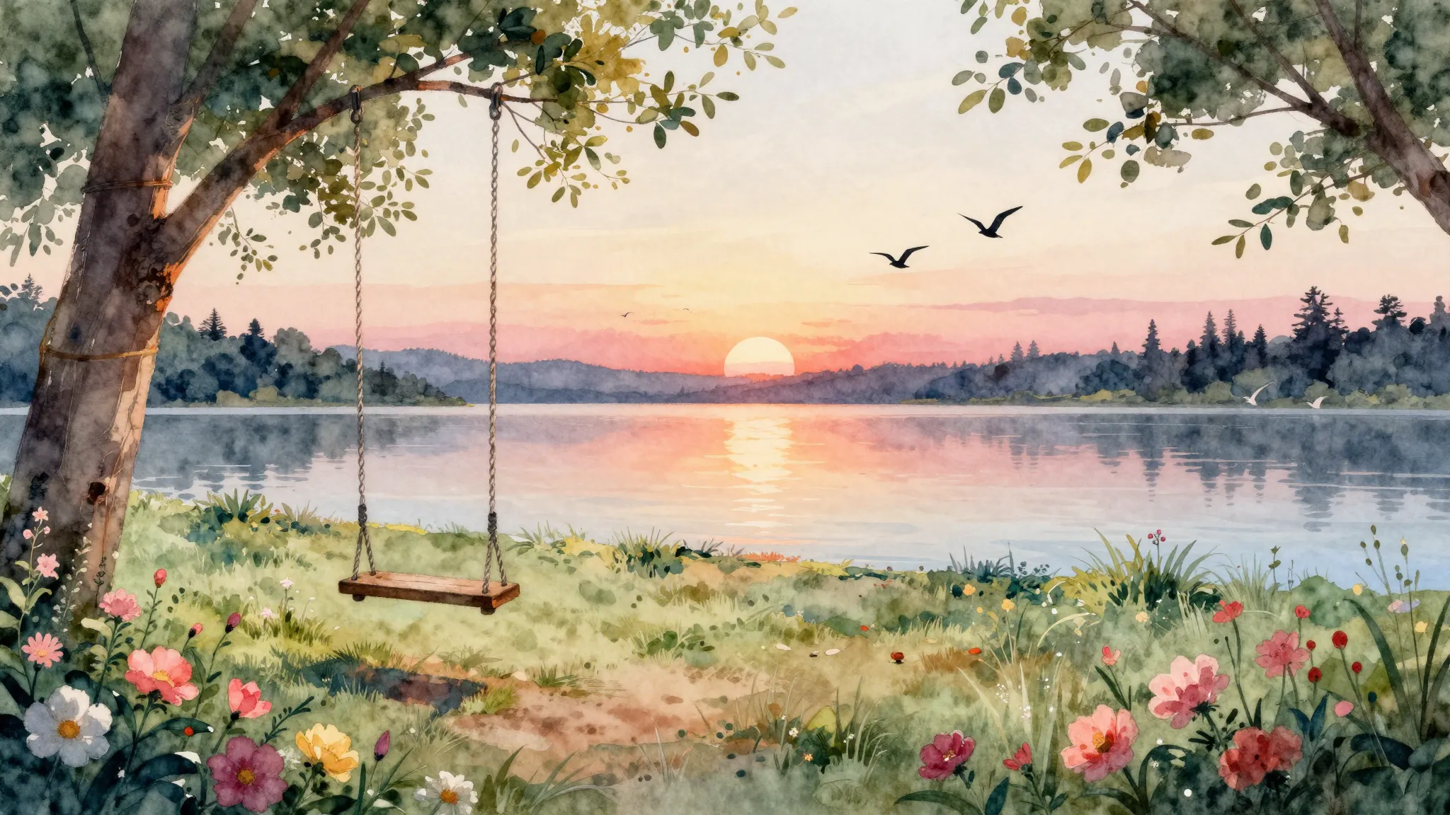 Watercolor style. A serene landscape with two empty swings g...