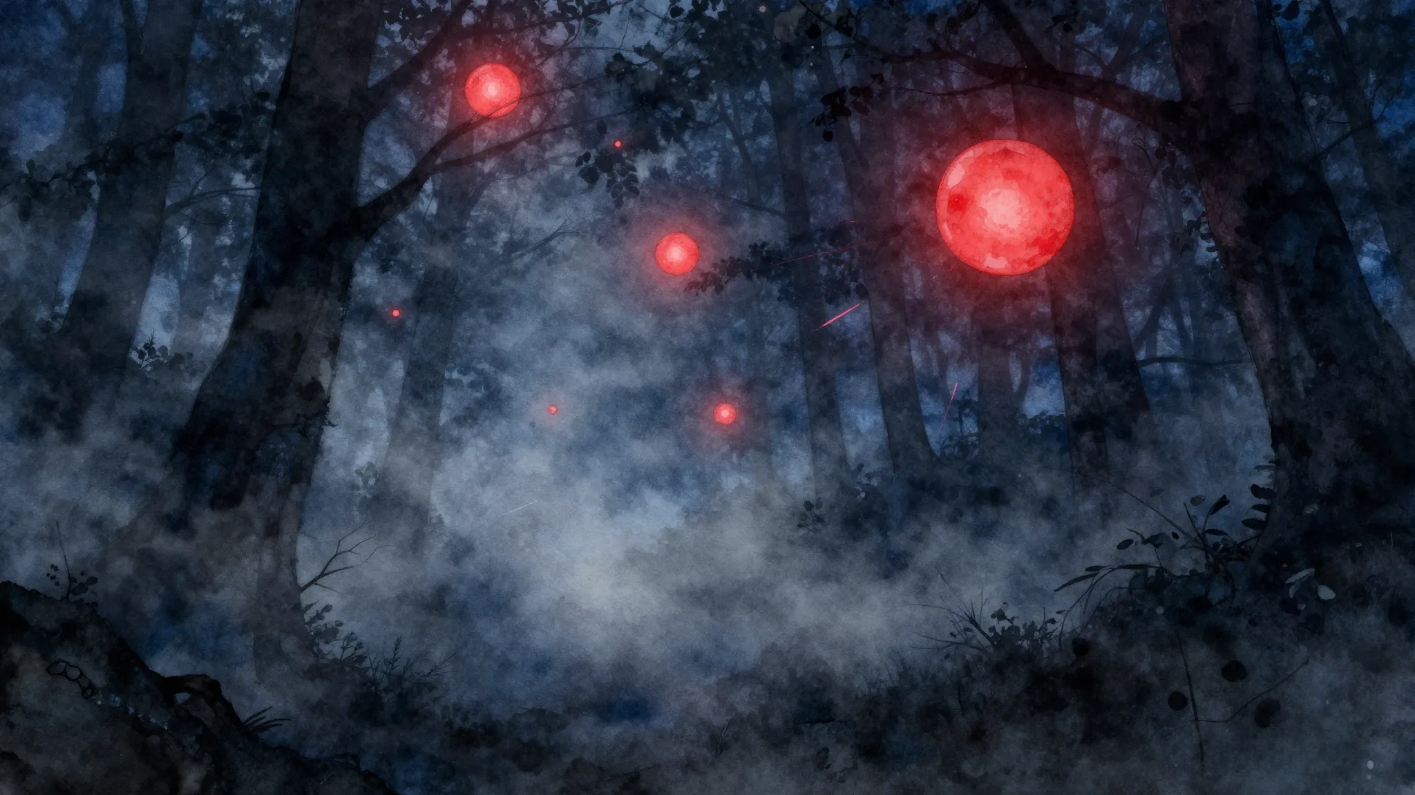 Watercolor style. Dark forest silhouette, heavy fog, flying ...