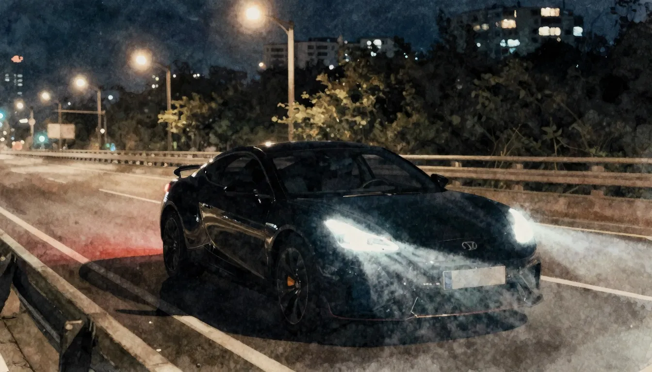 Watercolor style. A sleek modern car silhouette driving on a...