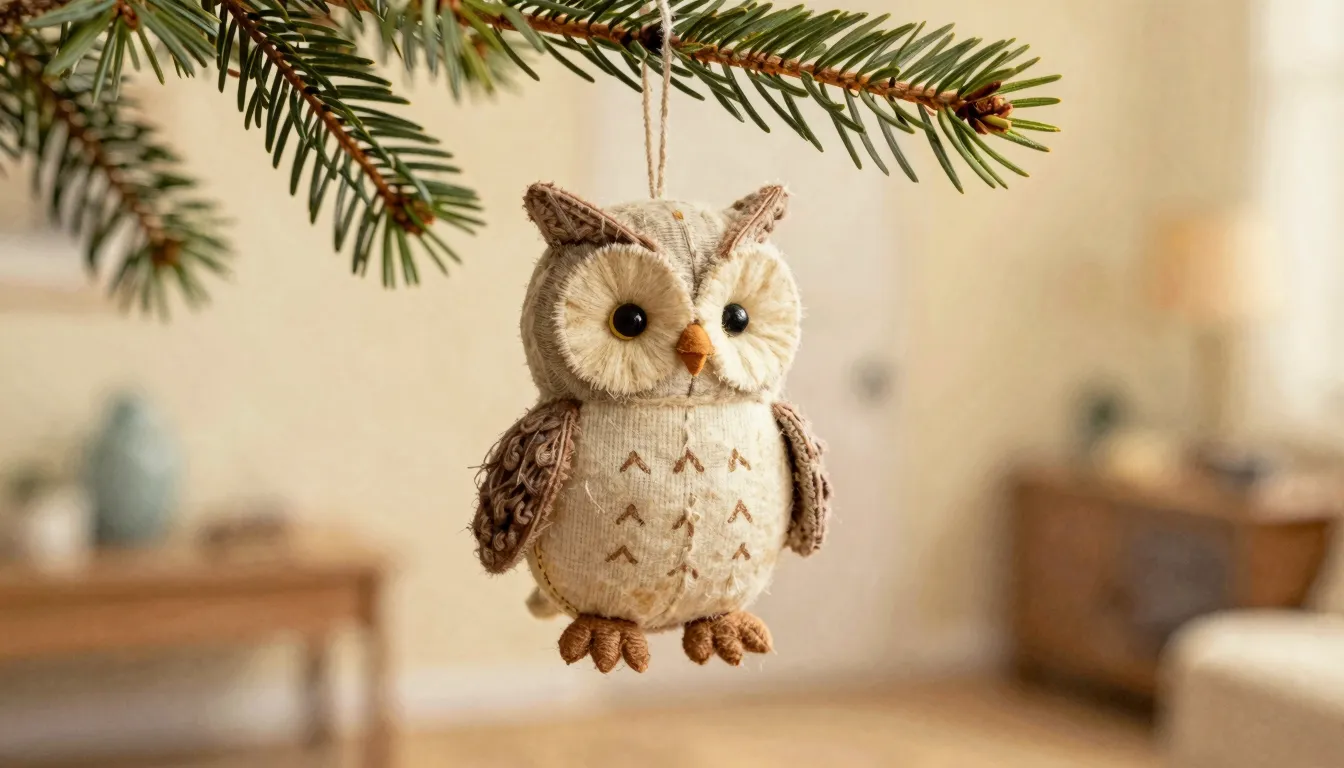 Watercolor style. A vintage handmade cotton toy owl hanging ...