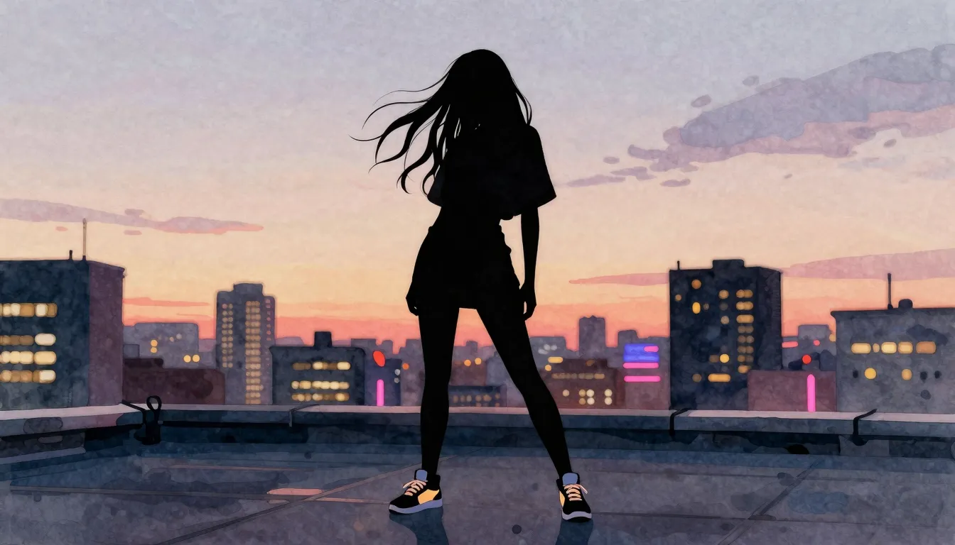Watercolor style. Silhouette of a girl with long flowing hai...