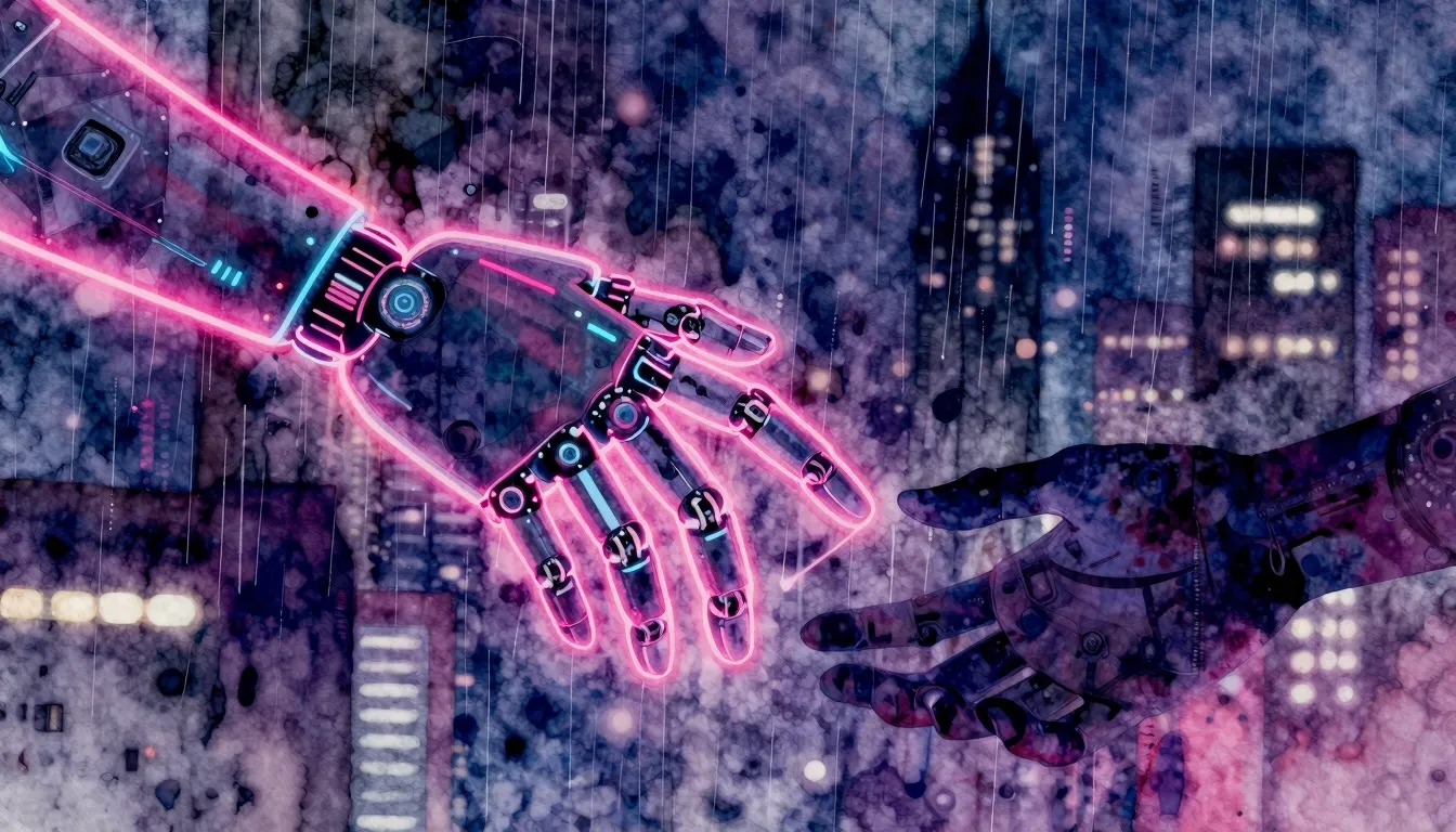 Vibrant watercolor style. Cyberpunk album cover, neon glow, ...
