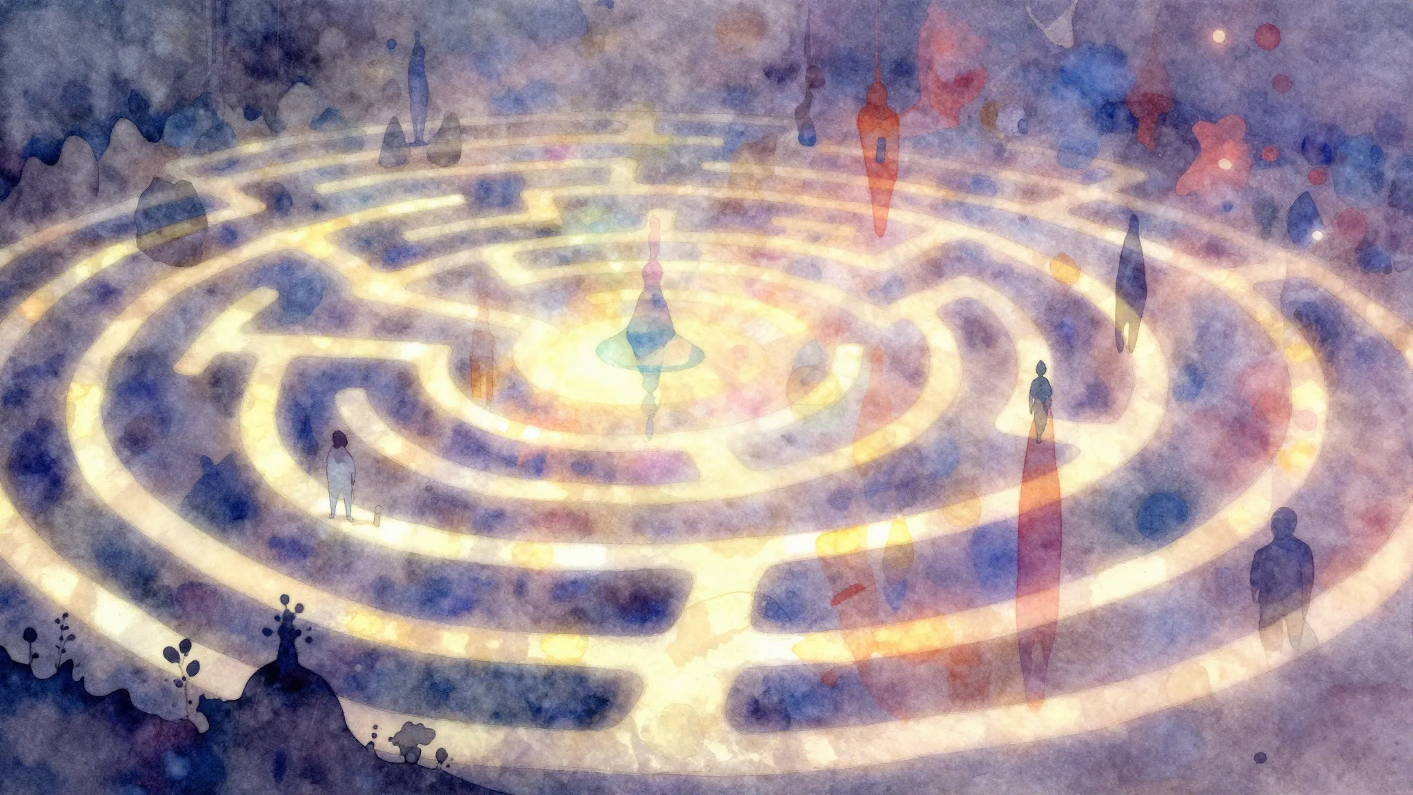 Vibrant watercolor style. Dreamy, surreal album cover. Labyr...