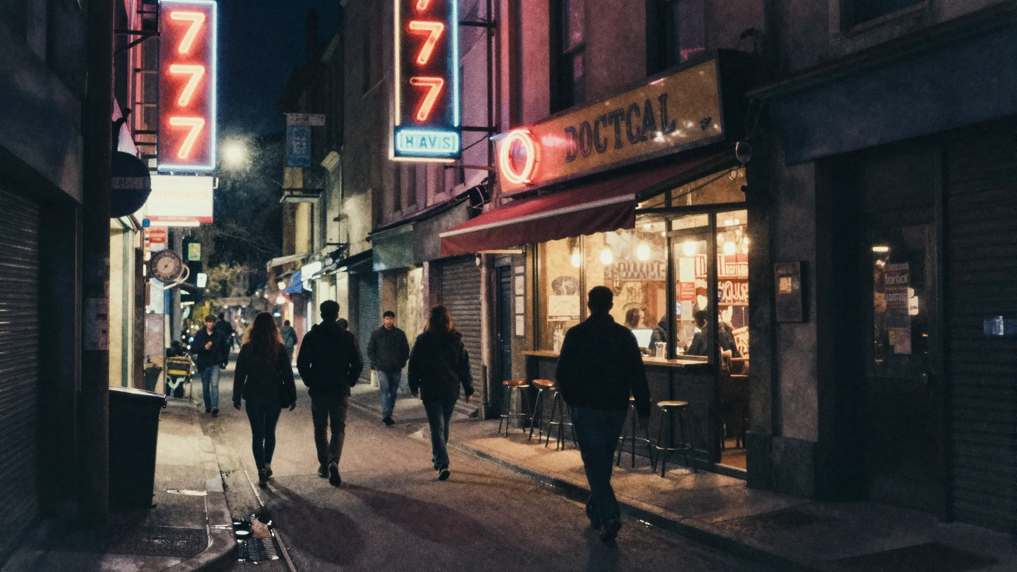 Watercolor style. Dark city street at night, neon signs with...