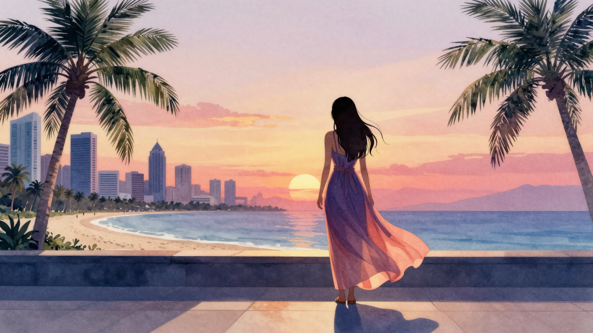Watercolor style. Silhouette of a woman in a long flowing dr...