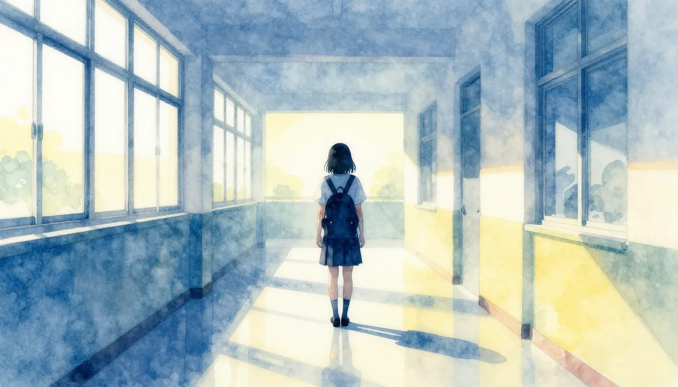 Watercolor style. A silhouette of a student standing in a br...