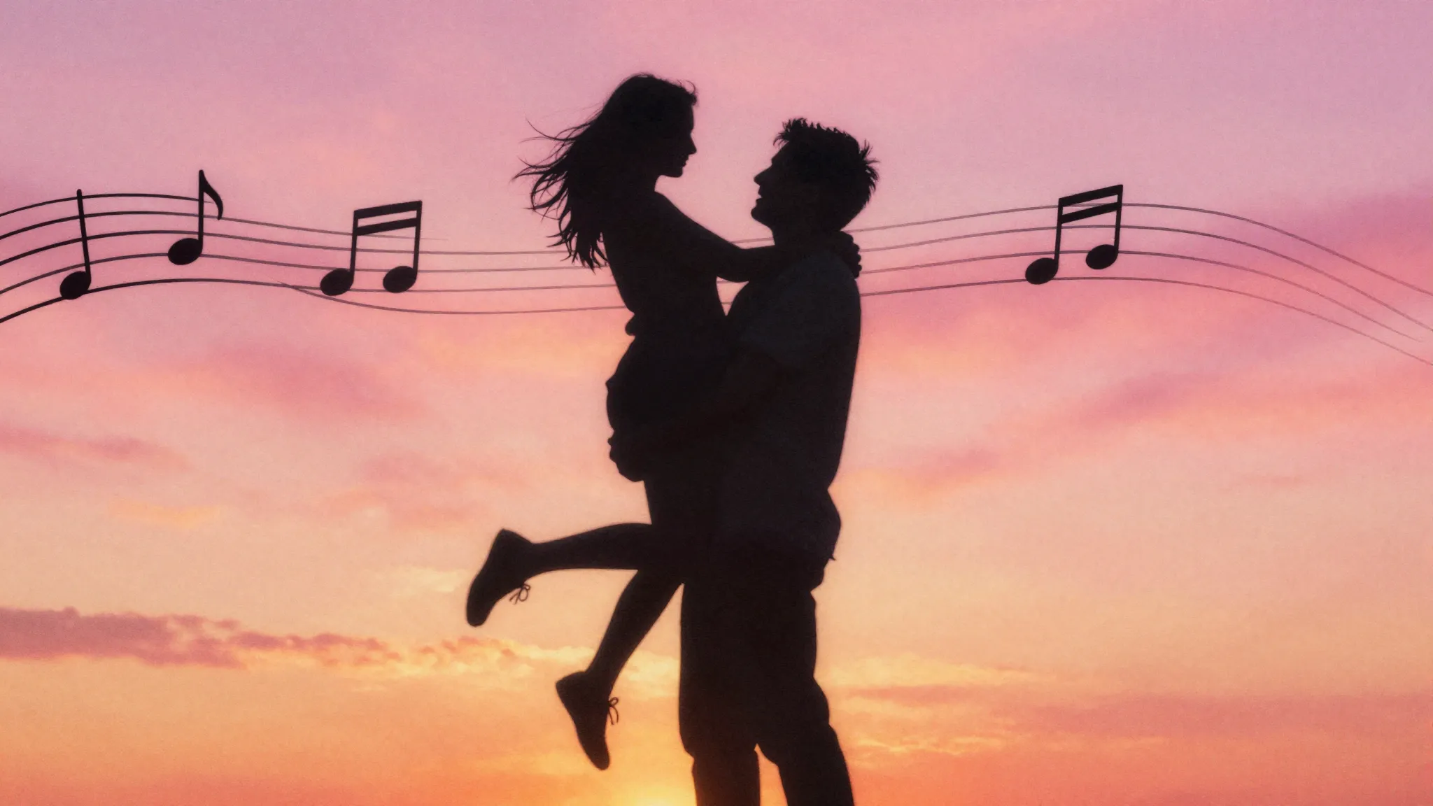 Watercolor style. A silhouette of a man lifting a woman in h...