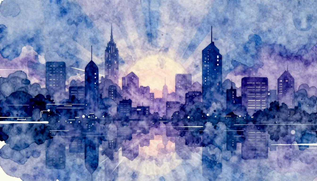 Vibrant watercolor style. Techno album cover: abstract city ...