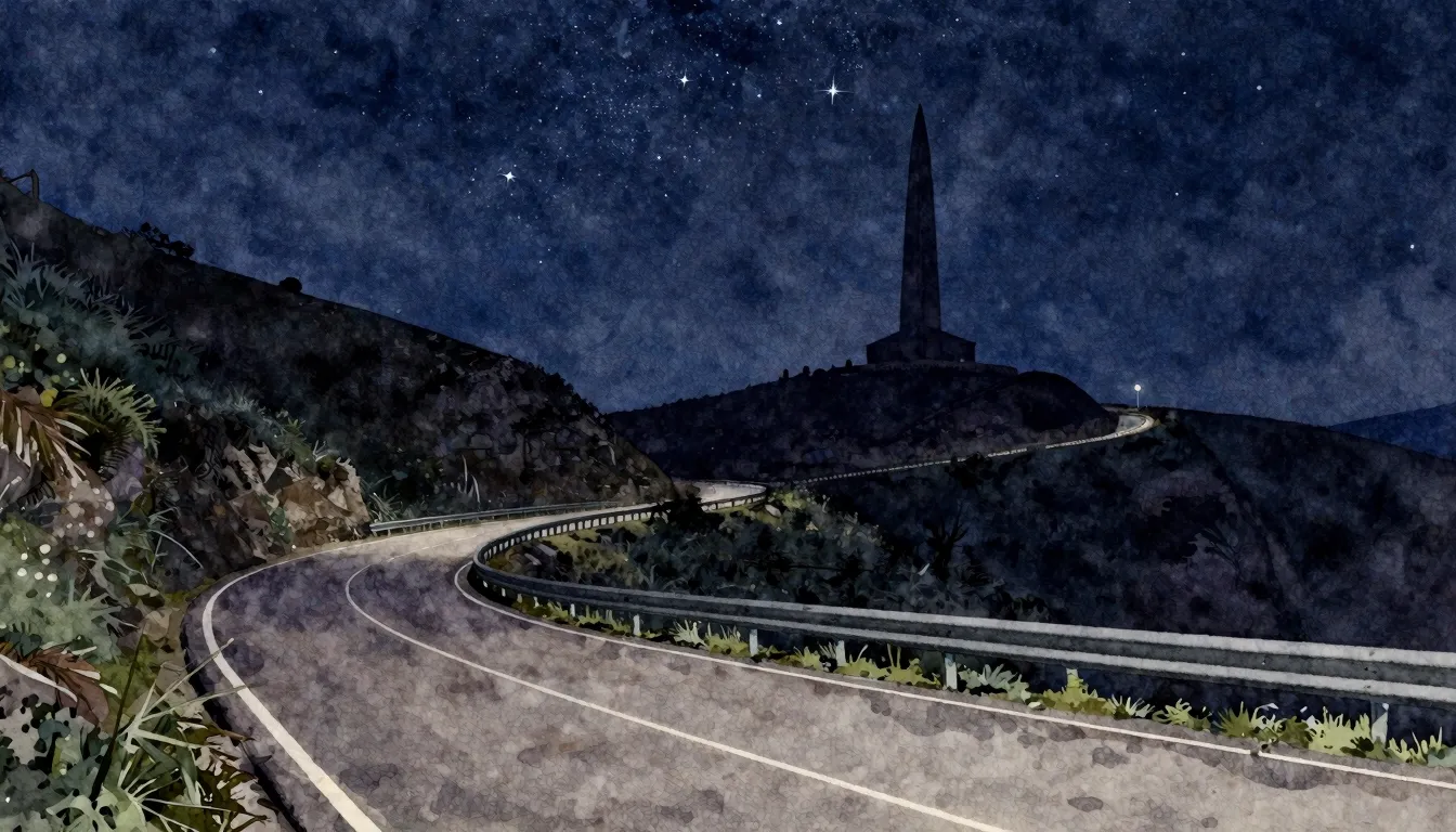 Watercolor style. A winding mountain road at night under a s...