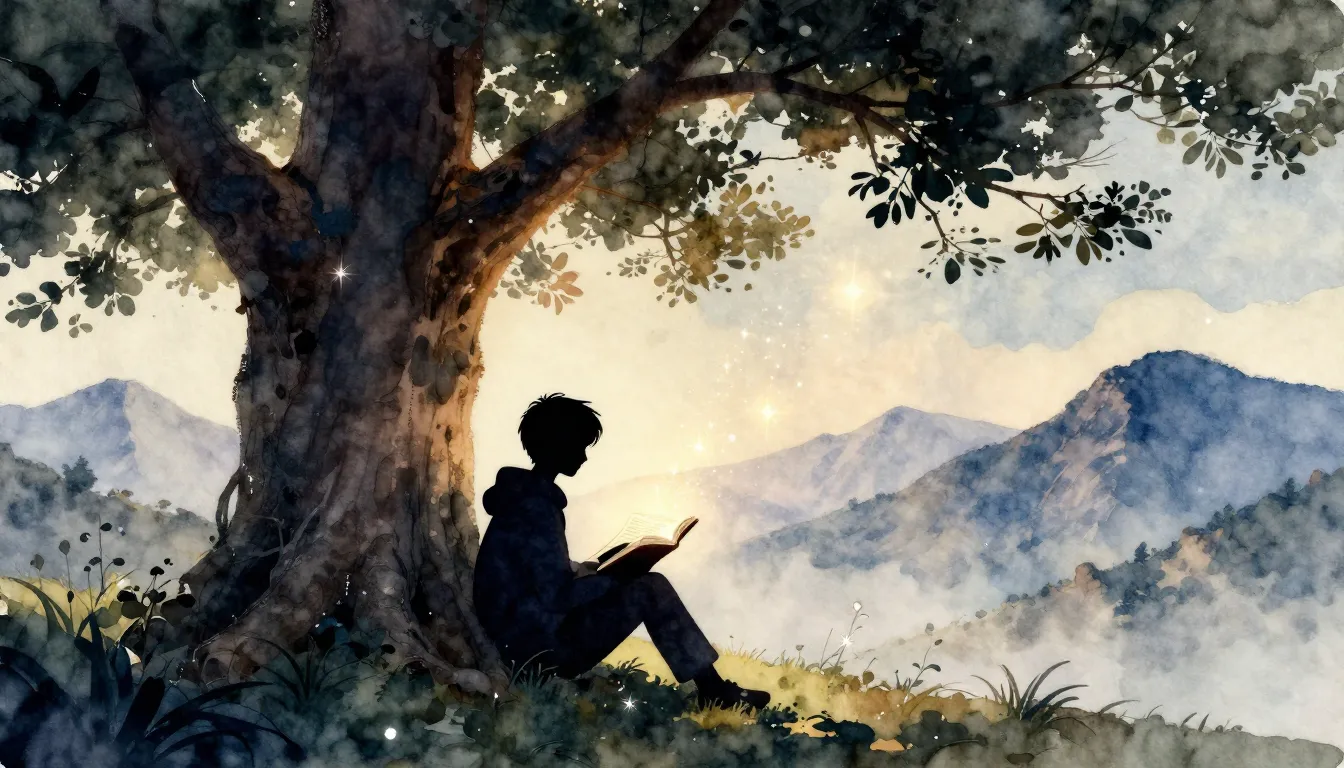 Watercolor style. A silhouette of a student sitting under a ...