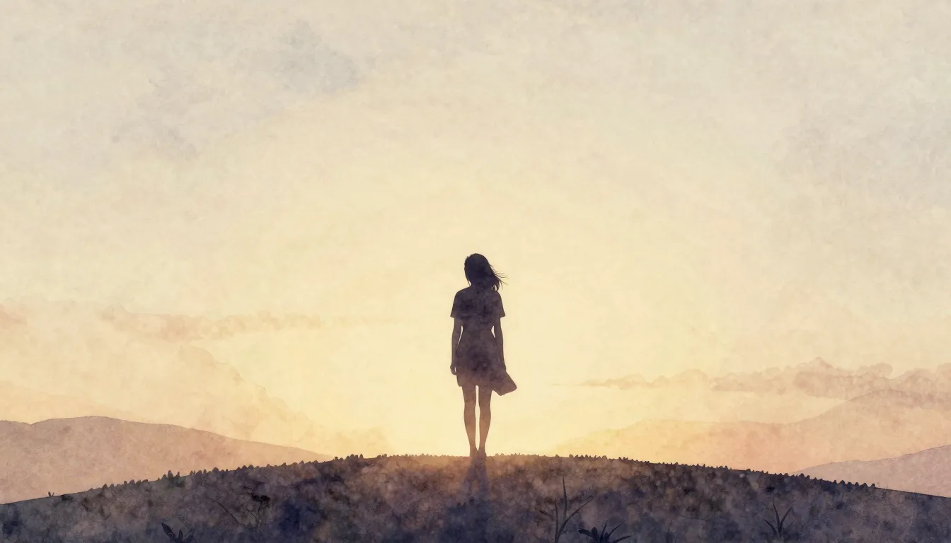 Watercolor style. Silhouette of a woman standing on a hill a...
