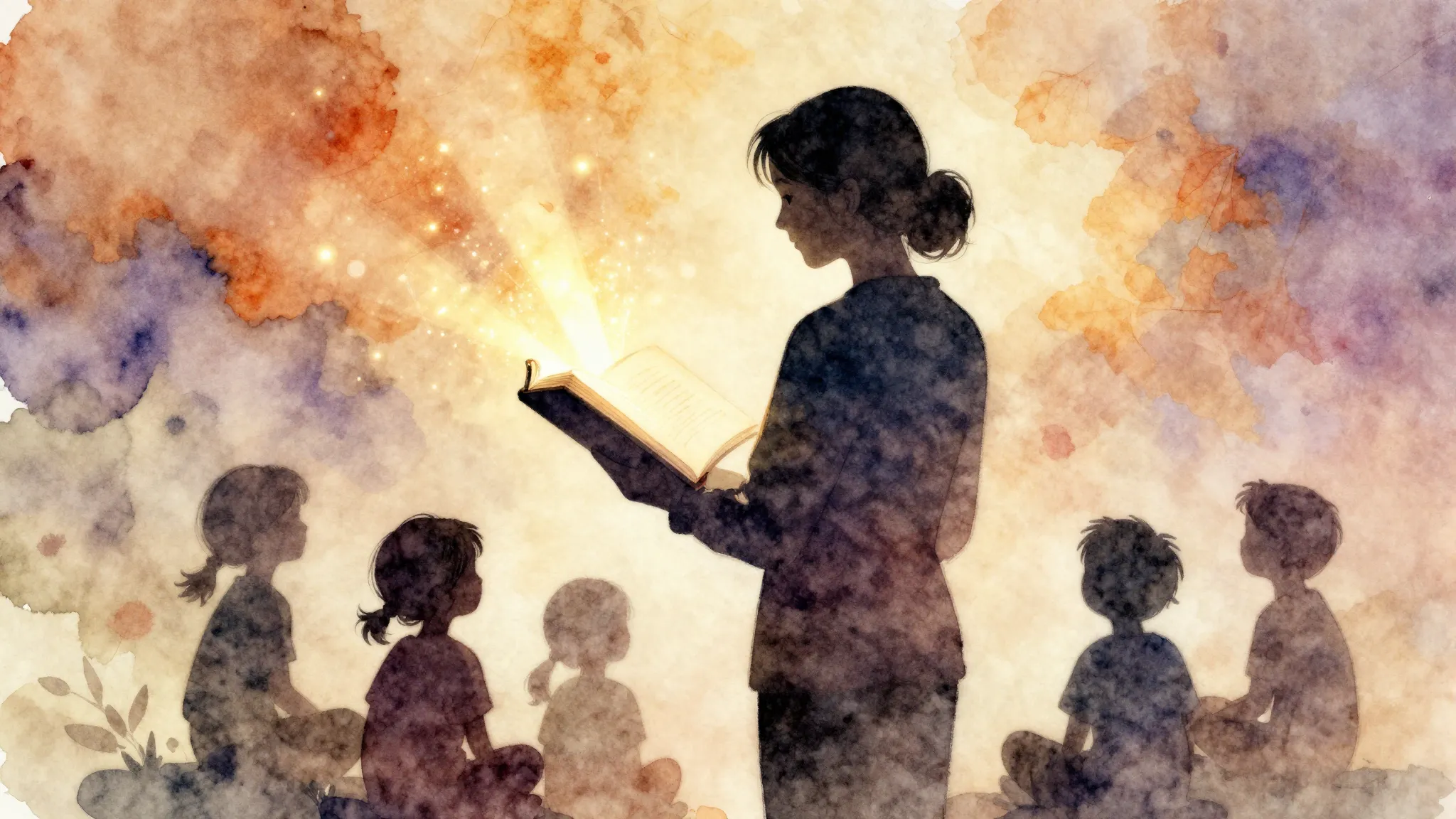 Watercolor style. Silhouette of a teacher holding an open bo...