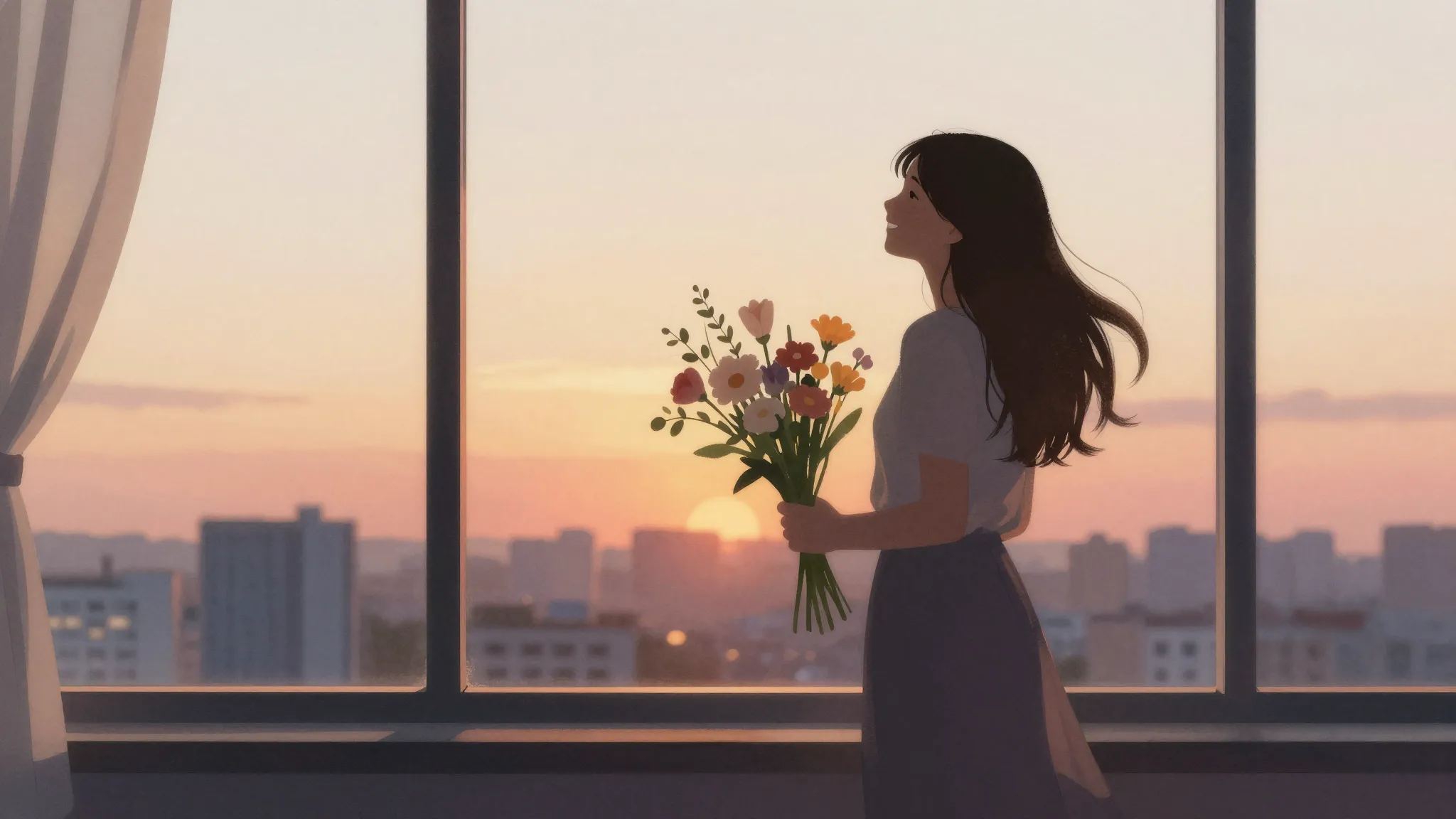 Watercolor style. Silhouette of a happy woman standing by a ...