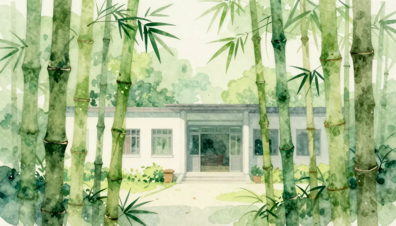 Vibrant watercolor style. Bamboo rehabilitation center, heal...