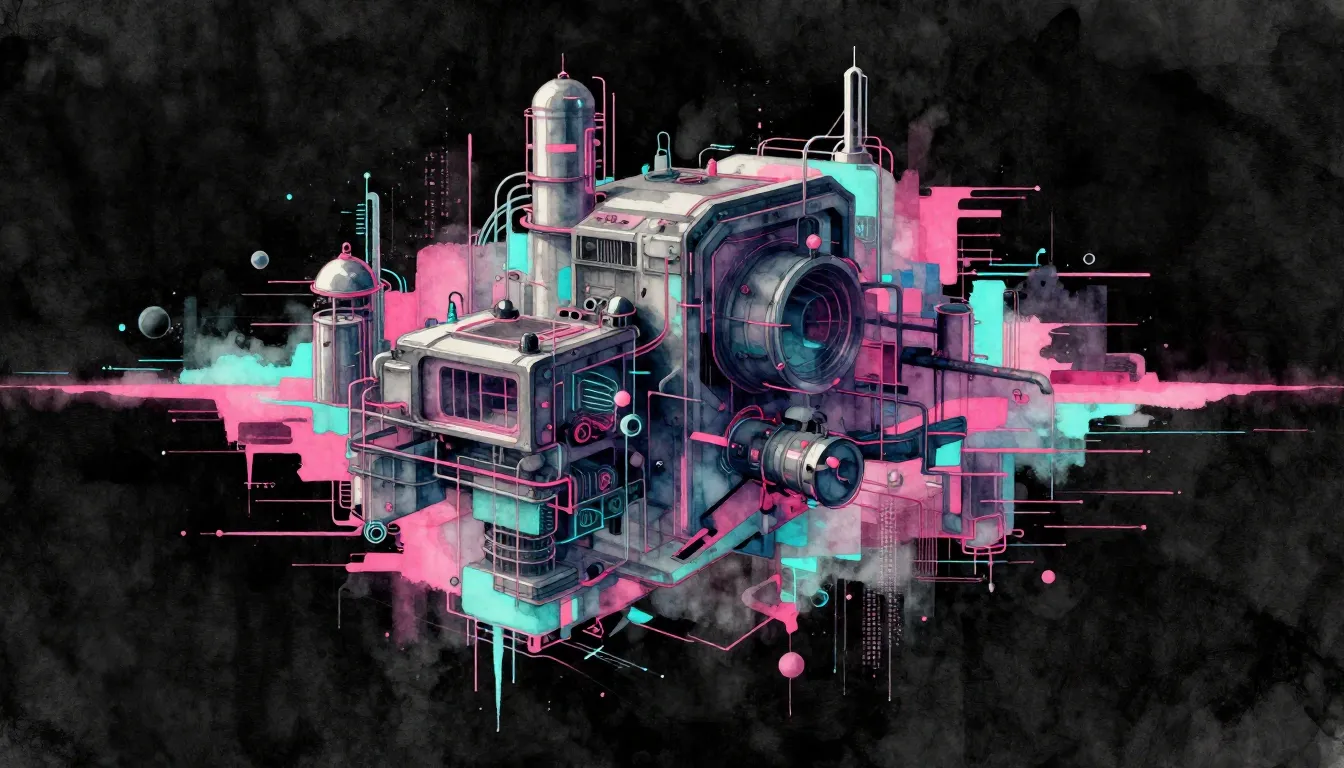 Watercolor style. Industrial cyberpunk abstraction, black ba...