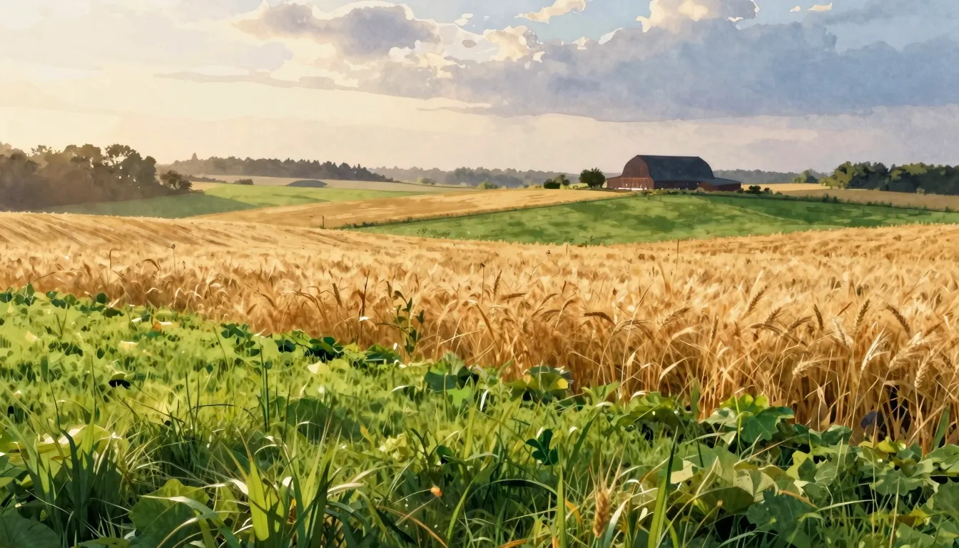 Watercolor style. Lush mixed farm landscape at sunrise, gold...