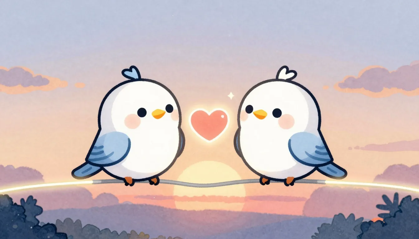 Watercolor style. Two cute robotic birds sitting on a glowin...