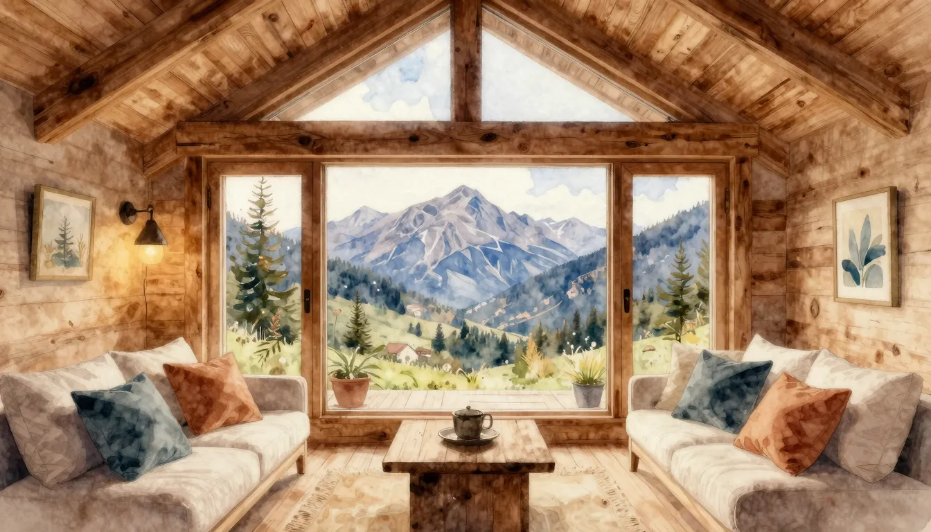 Watercolor style. Cozy interior of a stylish eco-friendly gu...