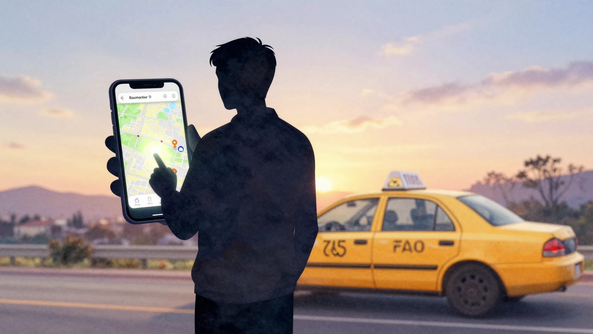 Watercolor style. Silhouette of a person holding a smartphon...