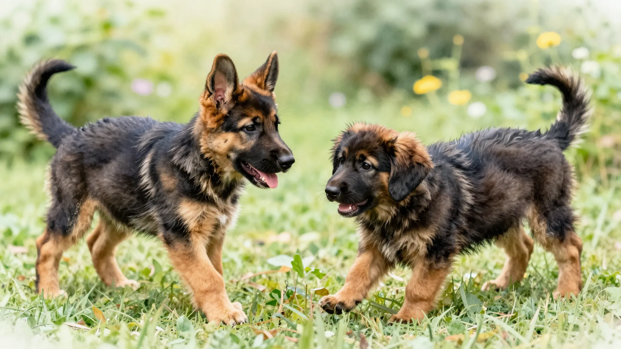 Watercolor style. Two German Shepherd puppies, one short-hai...