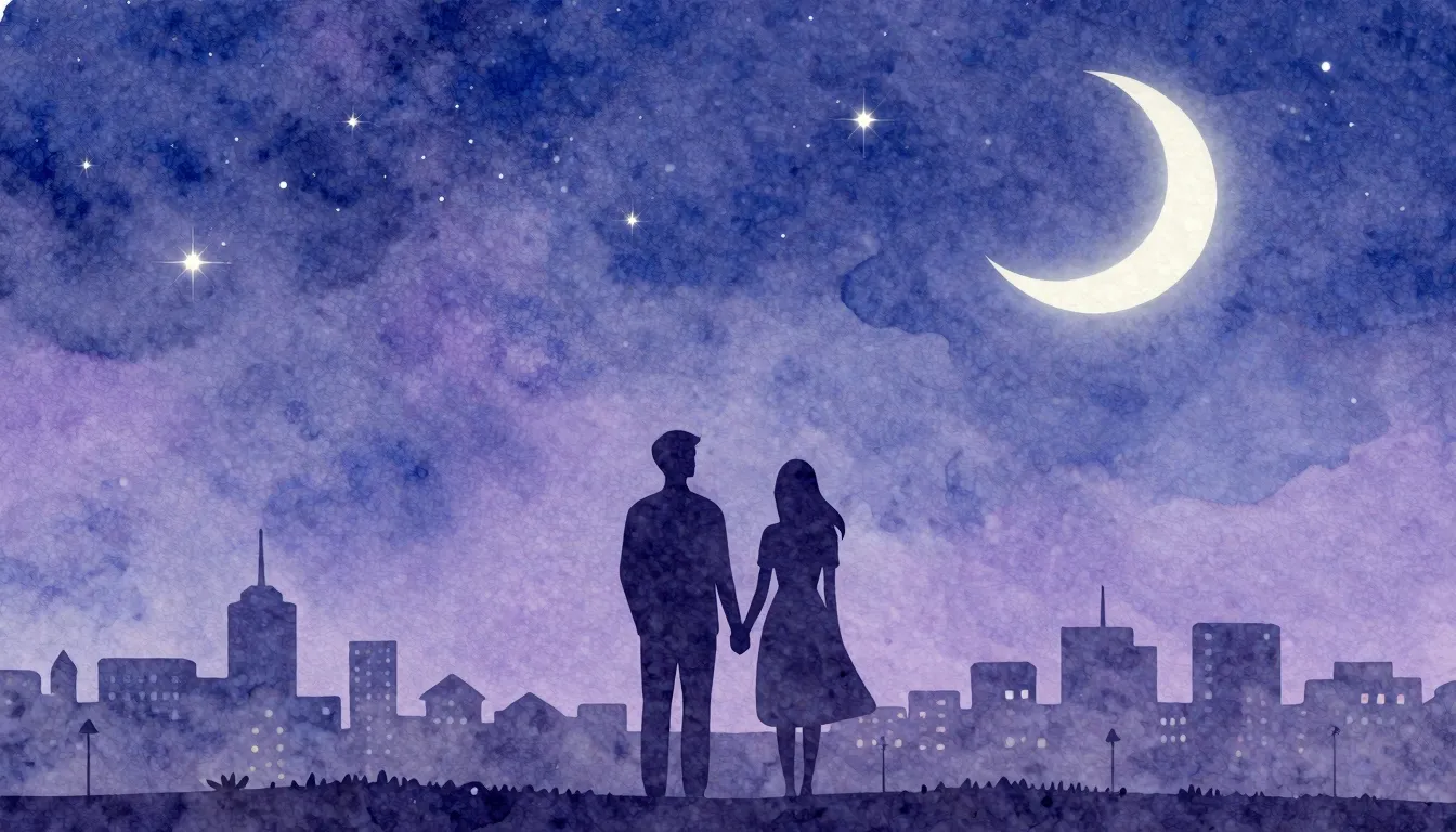 Watercolor style. A silhouette of a couple holding hands, lo...