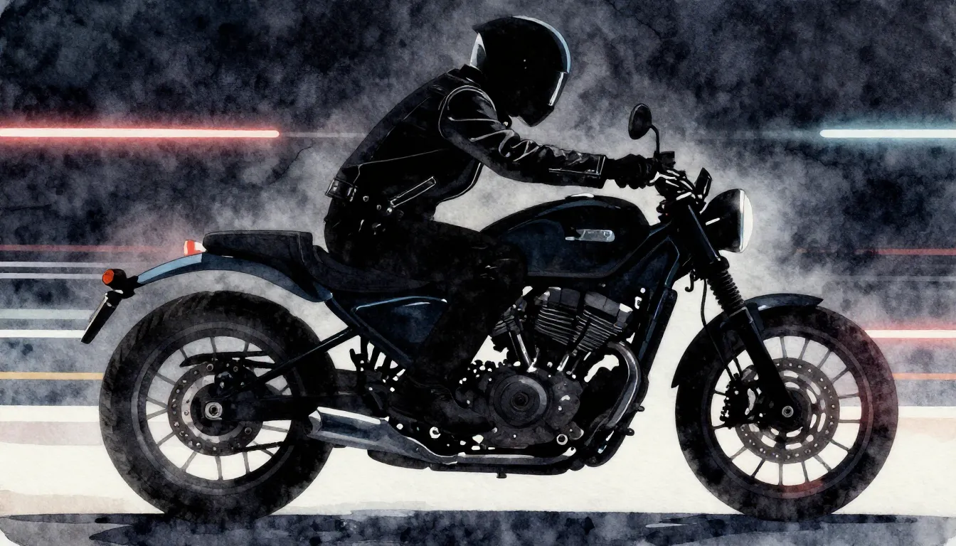 Watercolor style. Silhouette of a biker on a motorcycle, lea...