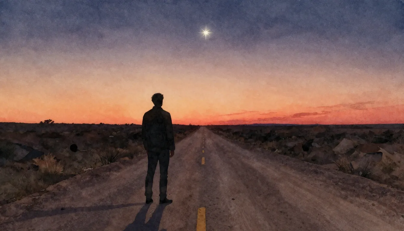 Watercolor style. A lone silhouette of a man stands on a dus...