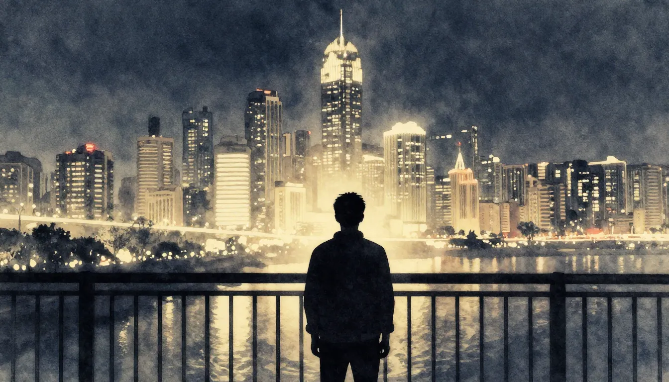 Watercolor style. Silhouette of a person standing on a bridg...