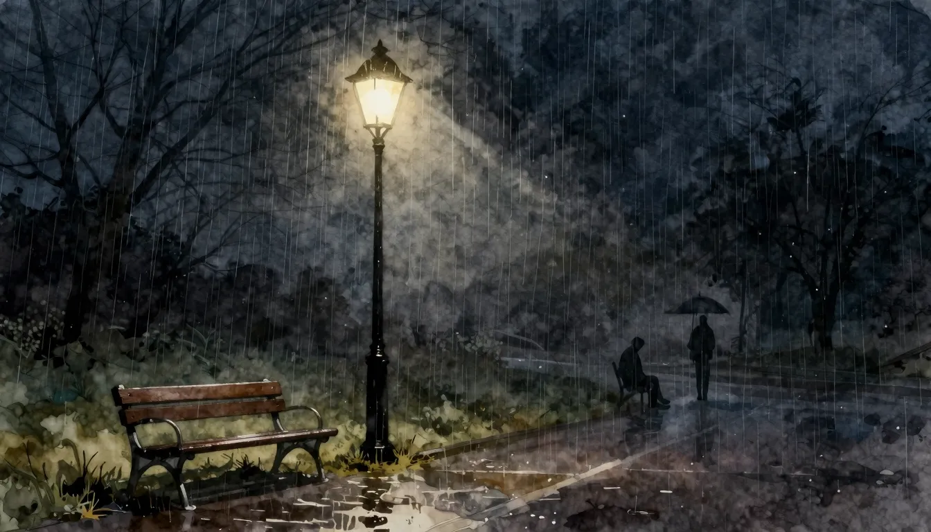 Watercolor style. A lonely street lamp glowing in the dark r...