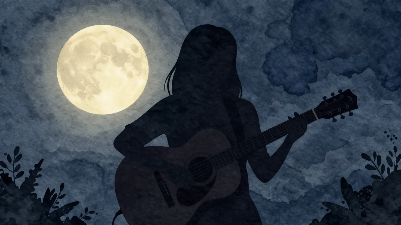 Watercolor style. Silhouette of a woman playing guitar under...