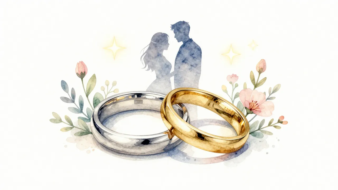 Watercolor style. A beautiful silver wedding ring and a gold...