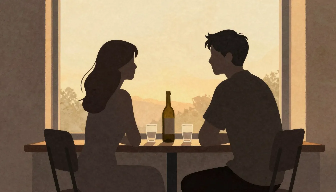 Watercolor style. Two dark silhouettes of a couple sitting b...