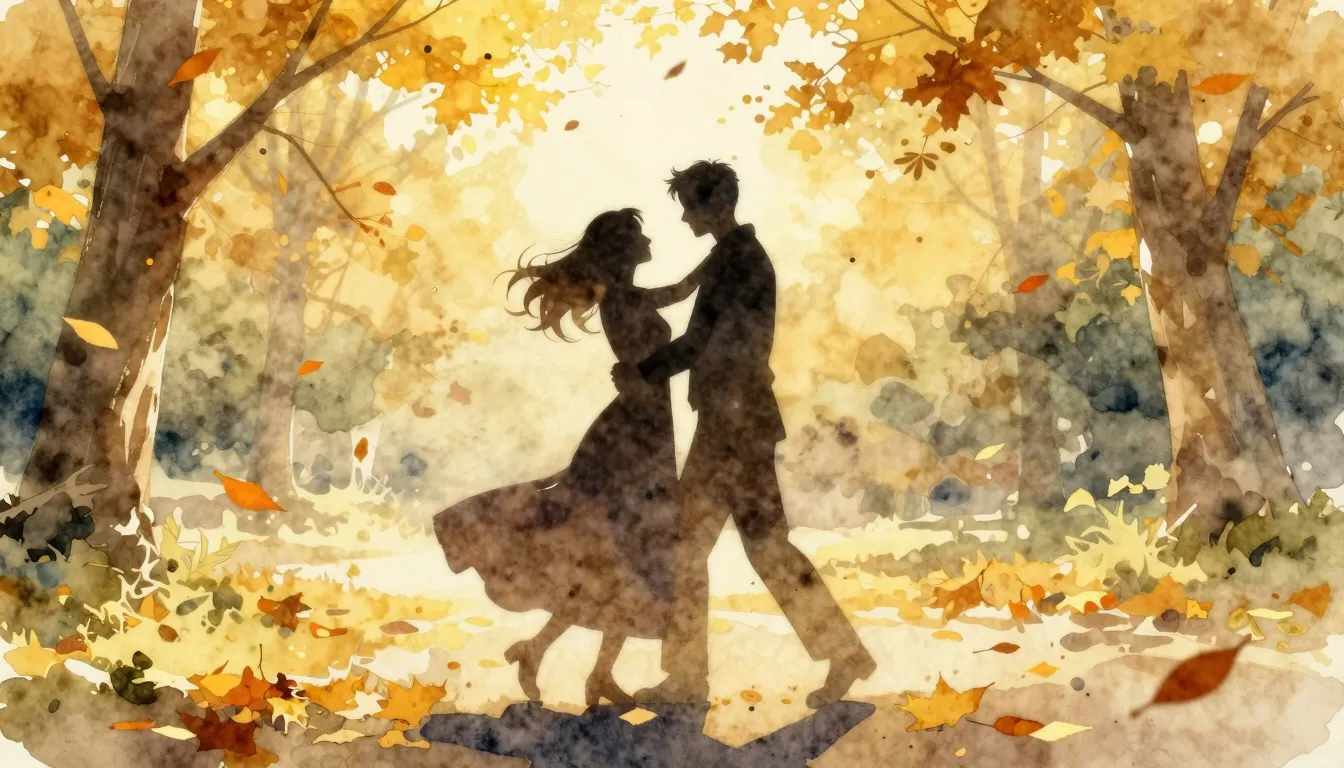 Watercolor style. Silhouette of a couple dancing in an autum...