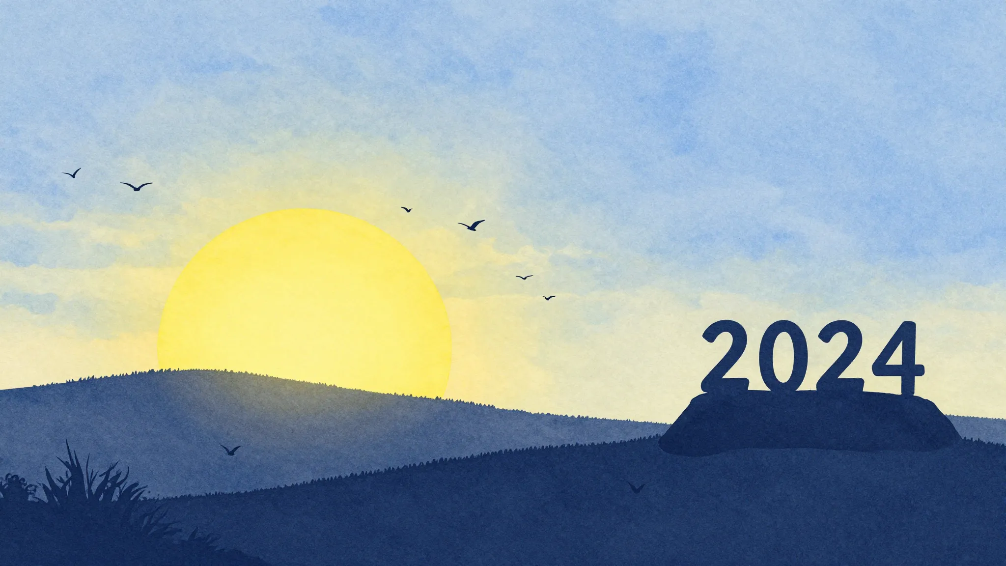 Watercolor style. Silhouette of a scenic landscape with a ri...