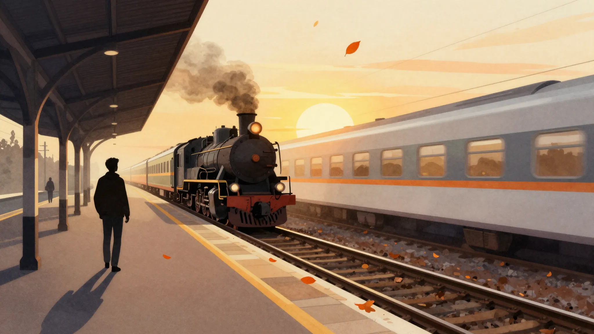 Watercolor style. A silhouette of a person on a train statio...