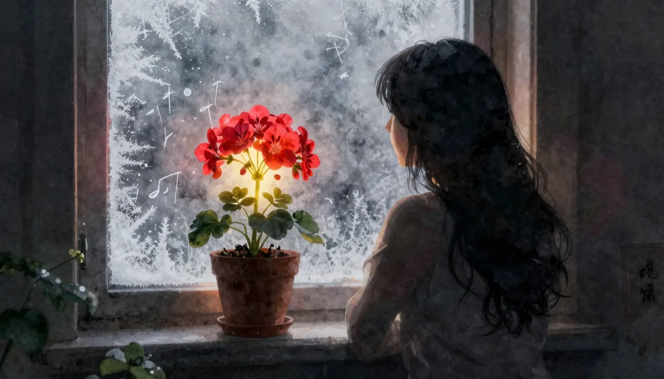 Watercolor style. A silhouette of a woman looking out a fros...